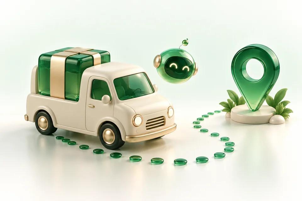Delivery van, parcel and location pin for order tracking