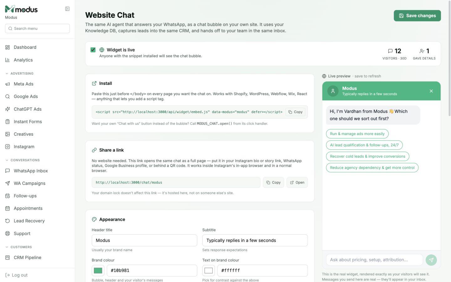 Modus Website Chat settings with install code, share link, appearance controls and a live widget preview