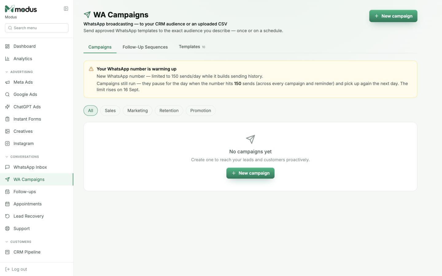 Modus WhatsApp Campaigns screen with templates, audience filters and number warm-up guidance