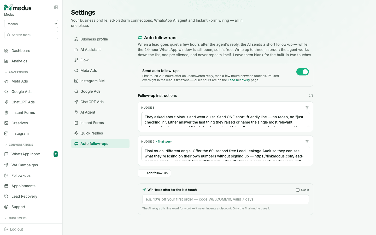 The Auto follow-ups settings tab showing the send toggle and two follow-up instruction boxes