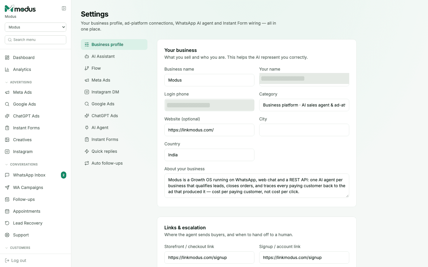The Business profile settings tab showing business name, category, website and about-your-business fields