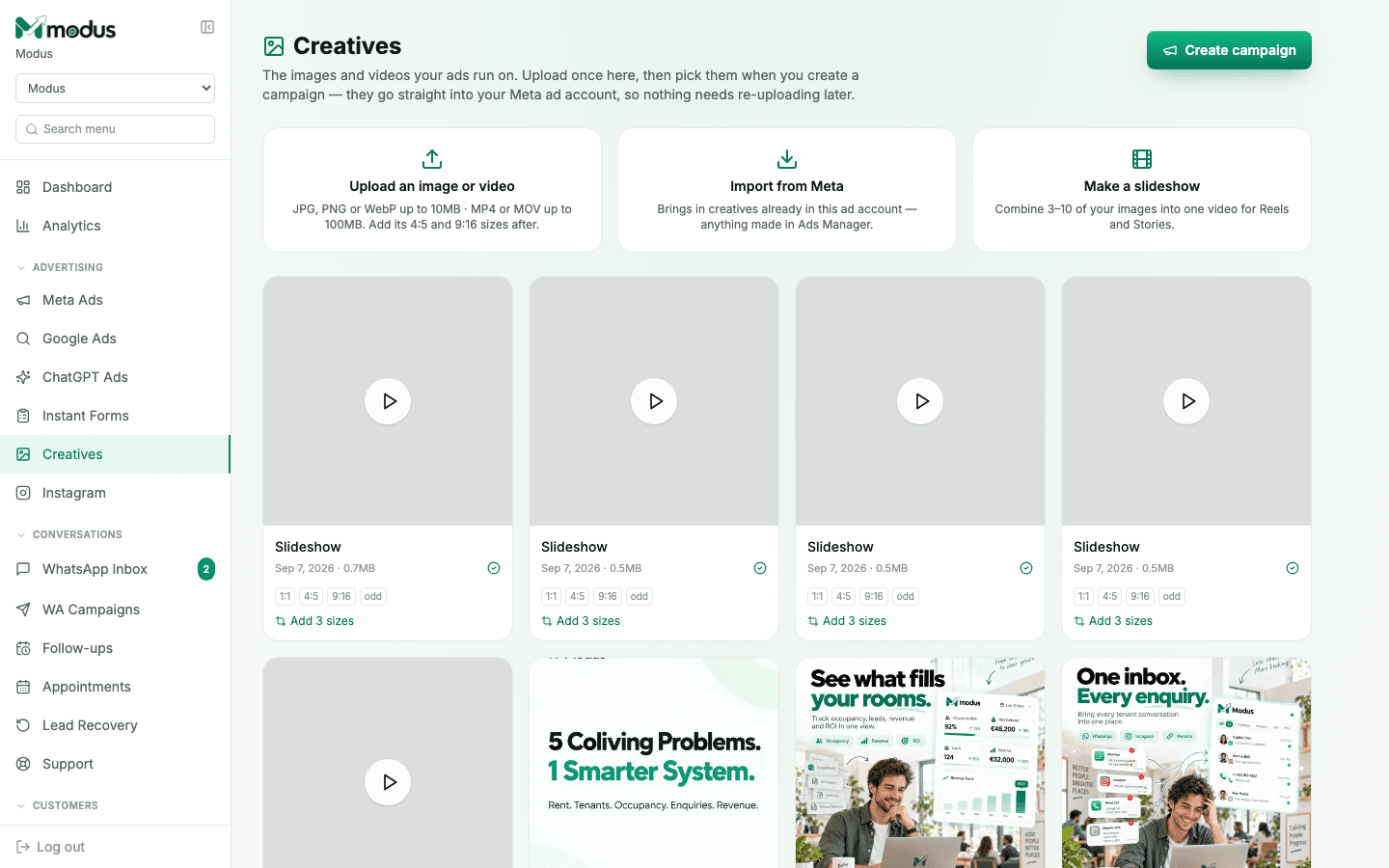 The Creatives page in Modus showing upload, import and slideshow-making options, with a grid of ad creatives