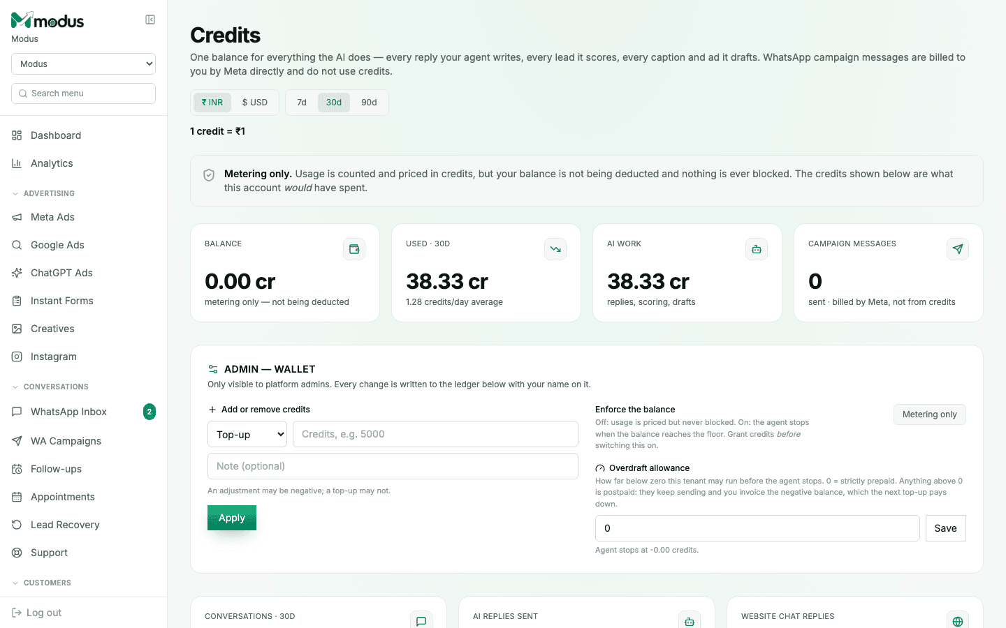 The Credits page showing balance, 30-day usage, AI work breakdown, and an admin-only wallet panel