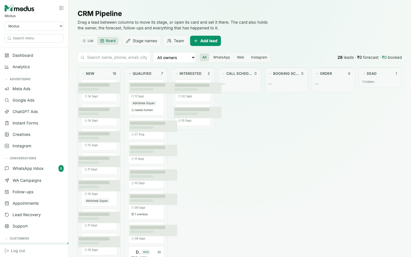 The CRM Pipeline board view in Modus, showing leads as cards across New, Qualified and Interested columns