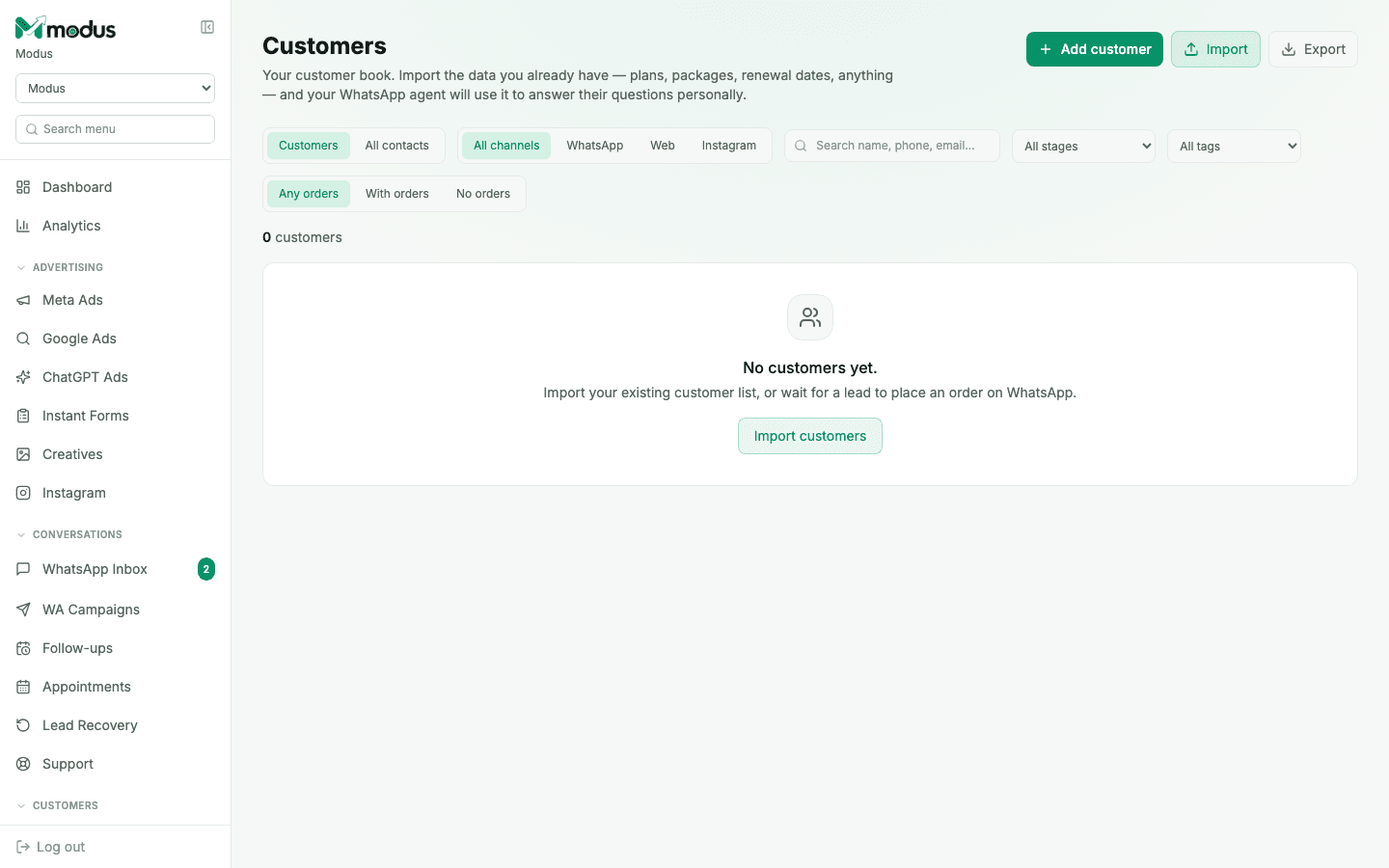 The Customers page with channel and order filters, and an "Import customers" empty state