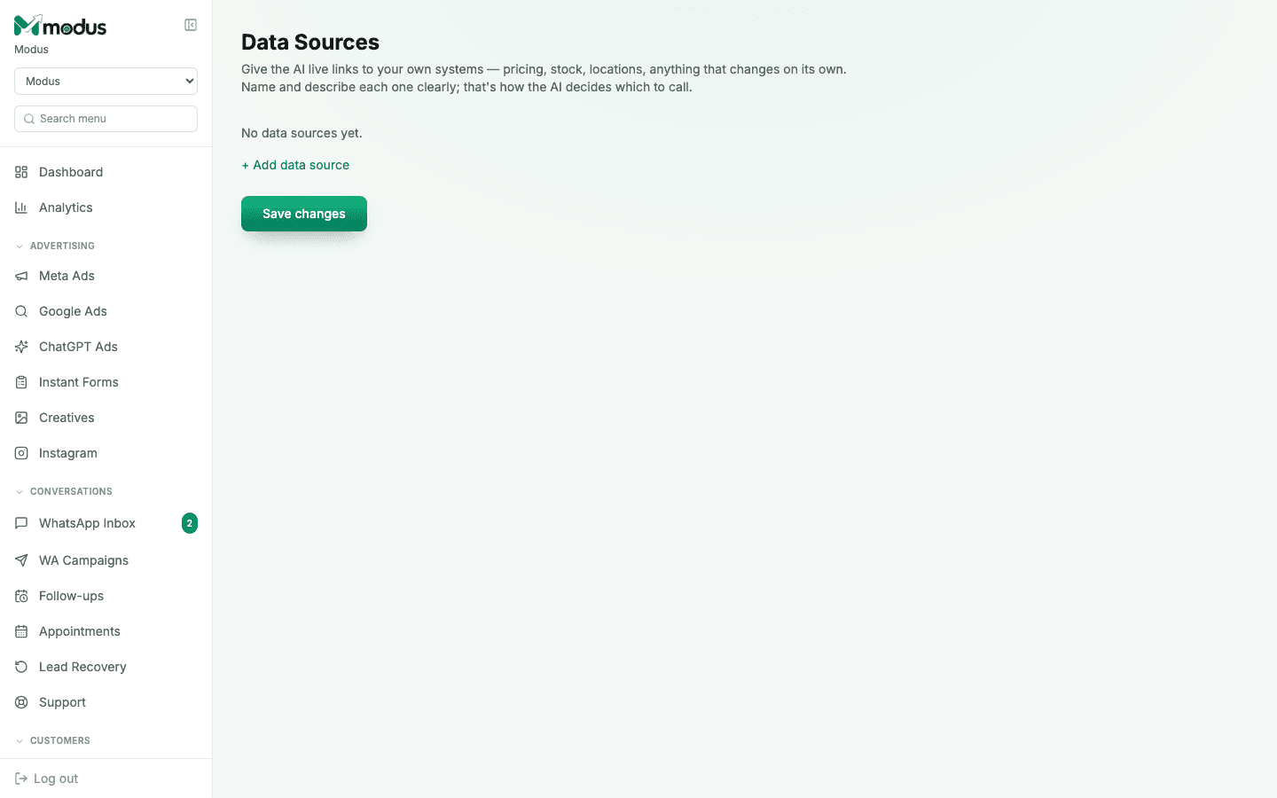 The Data Sources settings page with an "Add data source" link and empty state