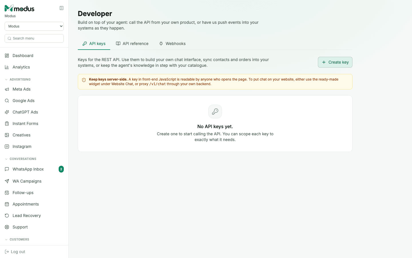 The Developer page in Modus showing API keys, API reference and Webhooks tabs