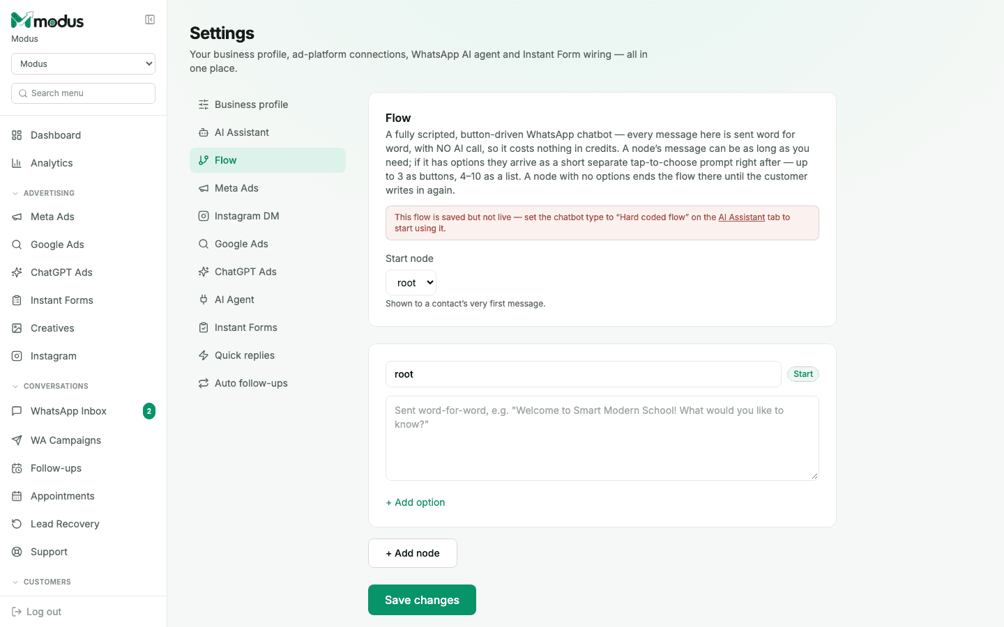 The Flow tab showing a start-node dropdown and a node editor with a message box and Add option link