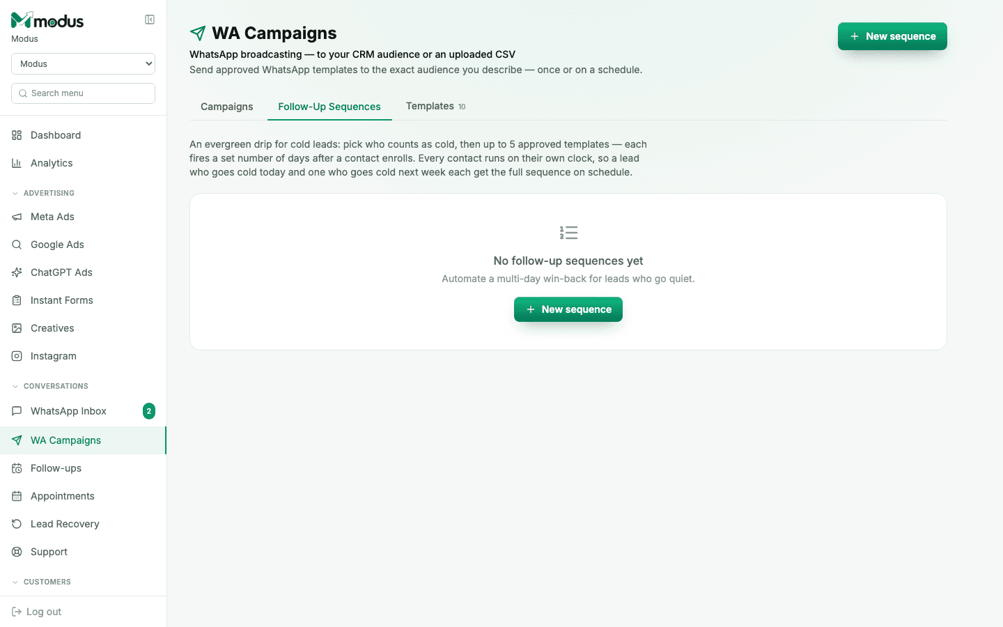 The Follow-Up Sequences tab in WA Campaigns, showing an empty state with a "New sequence" button