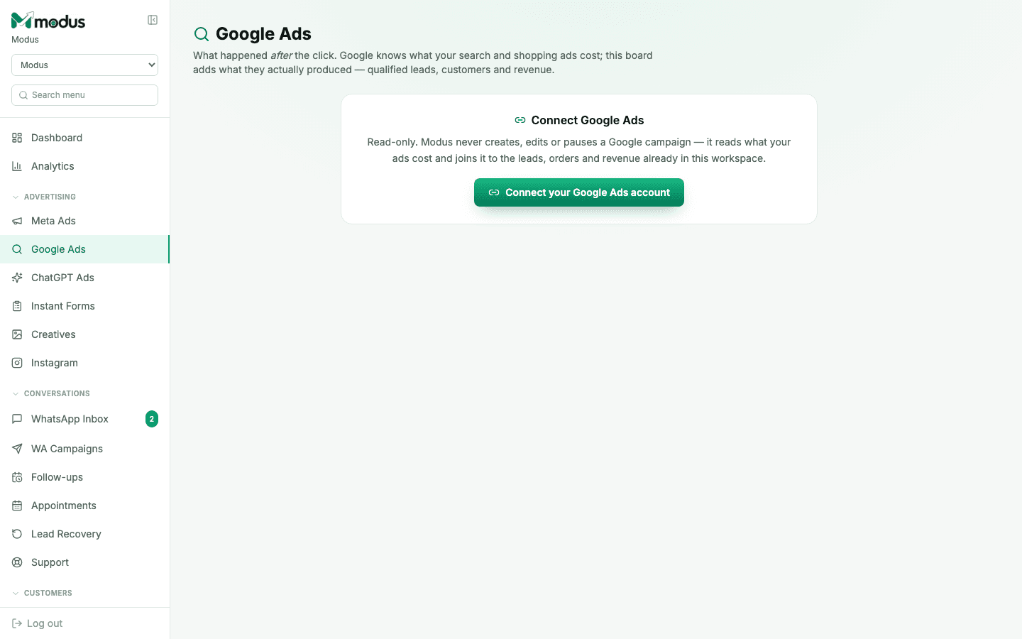 The Google Ads board in Modus with a "Connect your Google Ads account" prompt
