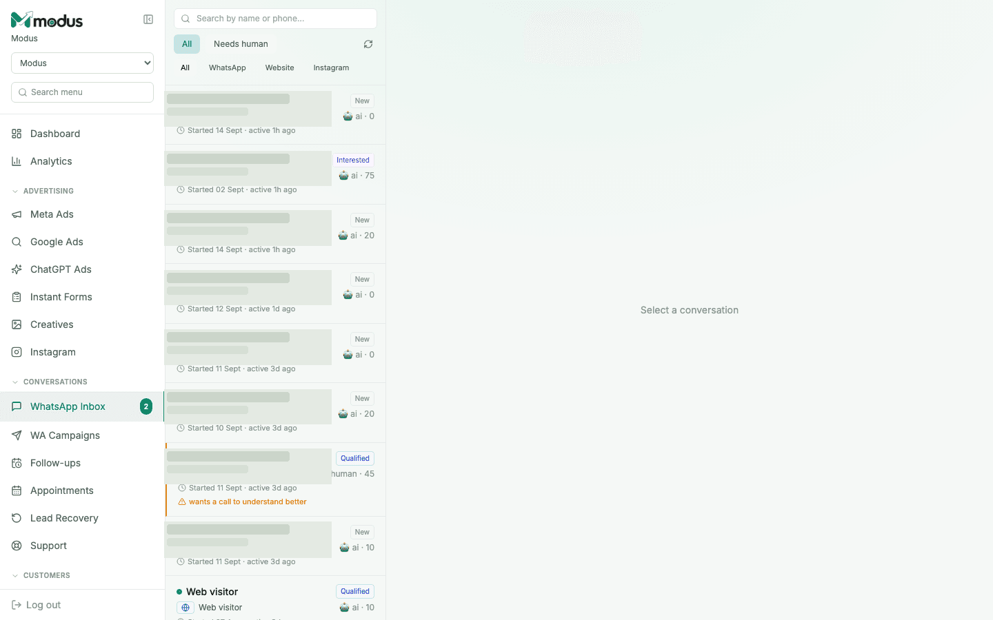 The WhatsApp Inbox in Modus, showing a list of conversations with status badges and lead scores