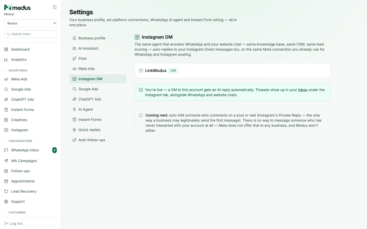 The Instagram DM settings tab showing a live connection and an explanation of auto-replies