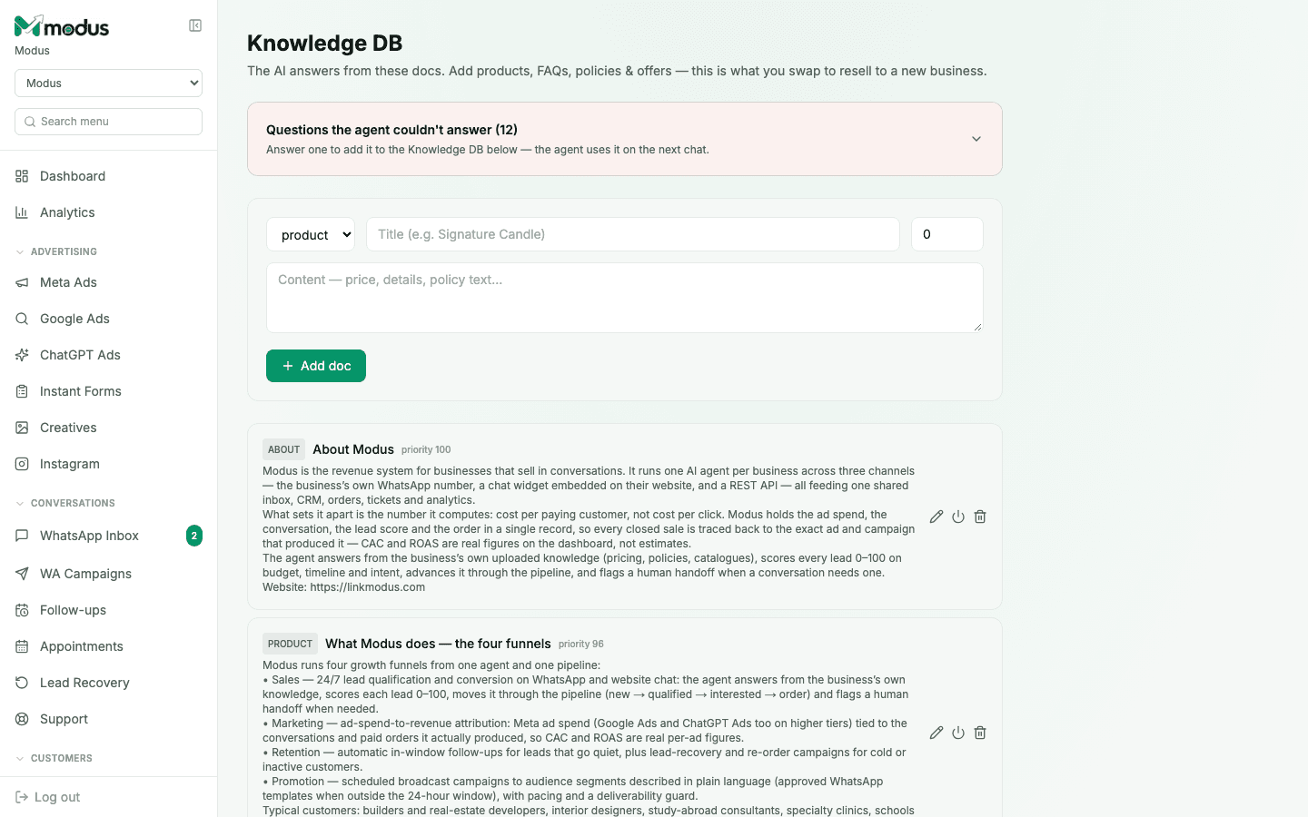 The Knowledge DB page showing flagged unanswered questions and a form to add a new document