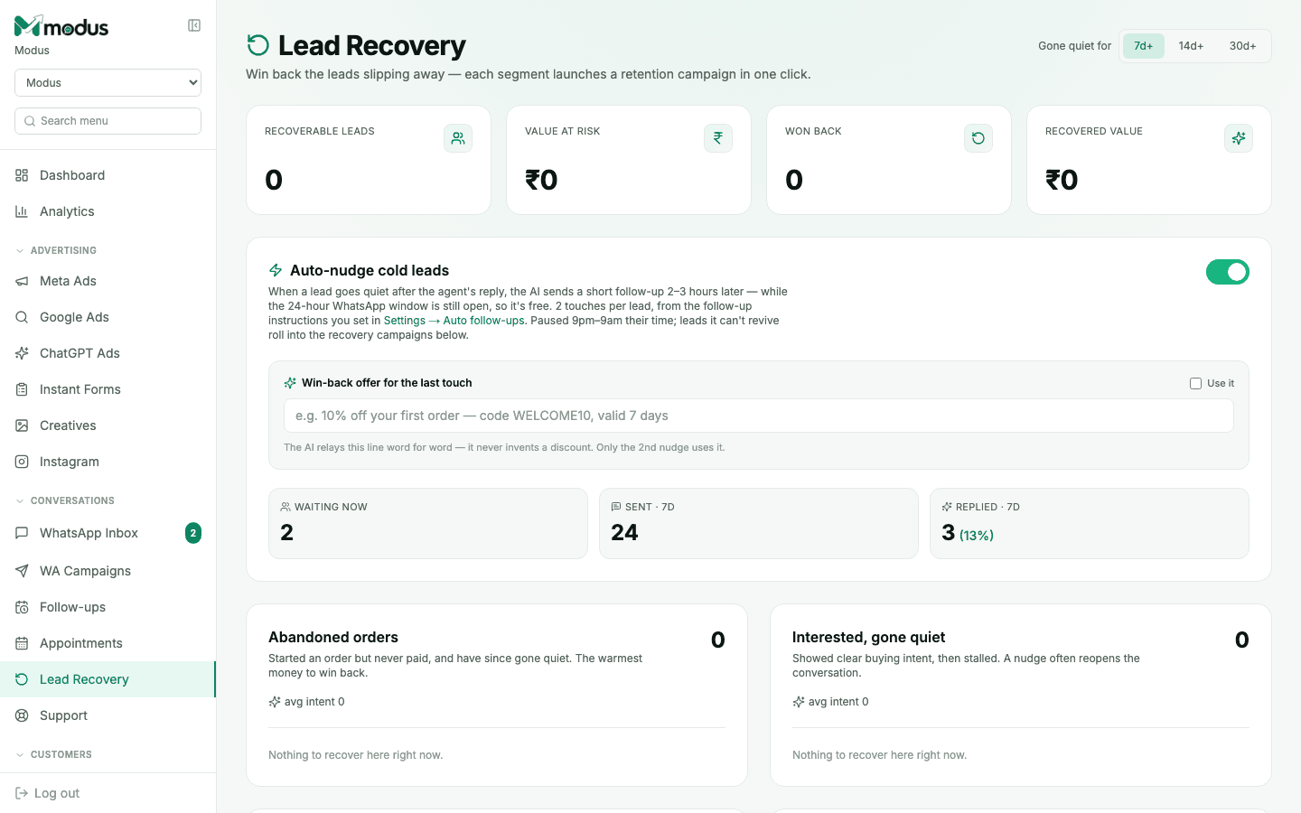 The Lead Recovery page showing recoverable leads, auto-nudge settings, and abandoned-order segments