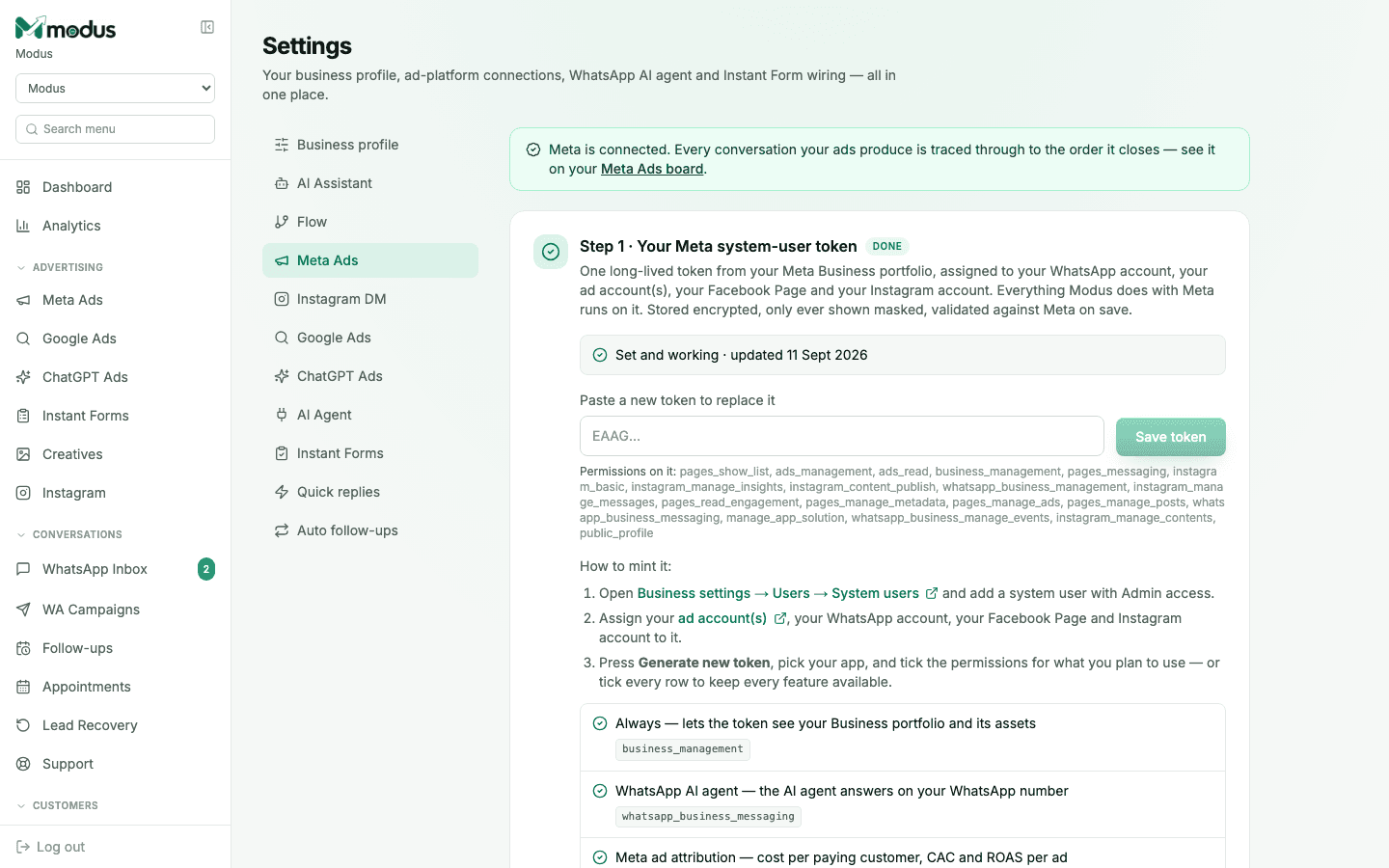 Settings page, Meta Ads tab, showing the system-user token field and required permissions