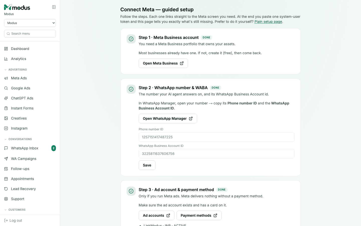 The guided Meta setup wizard showing three completed steps: Meta Business account, WhatsApp number & WABA, and Ad account & payment method