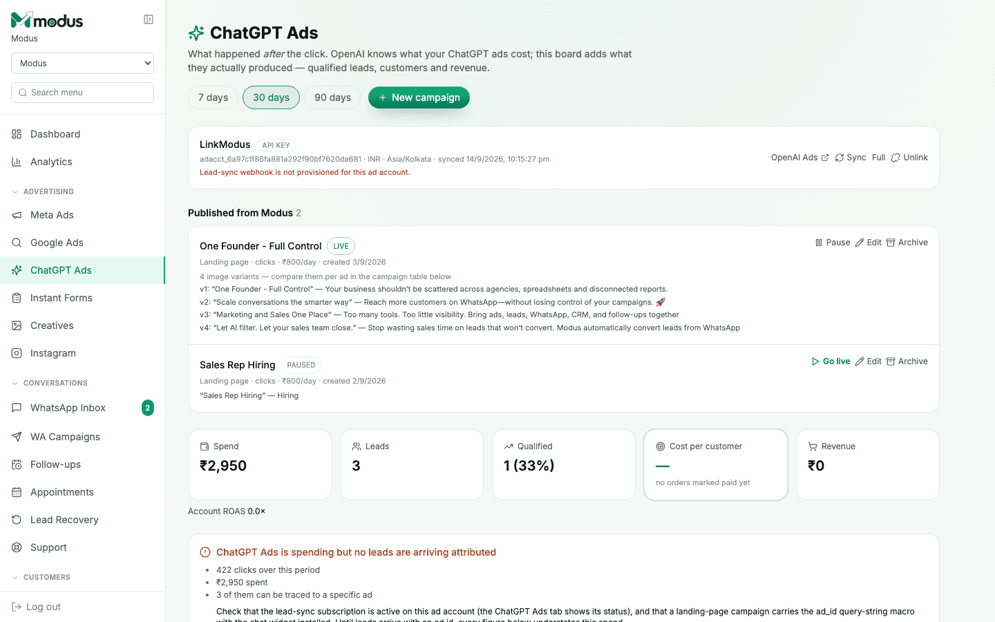 The ChatGPT Ads board in Modus showing a live and a paused campaign, and spend/lead/revenue tiles