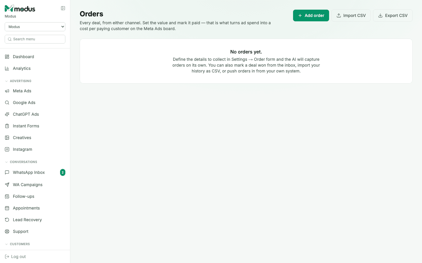 The Orders board in Modus, with an empty state explaining how orders are captured