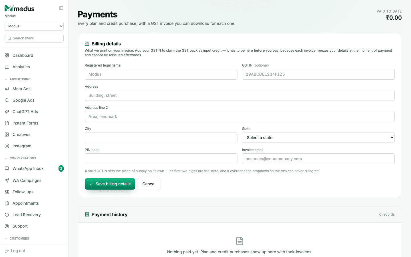 The Payments page showing the billing details form and an empty payment history