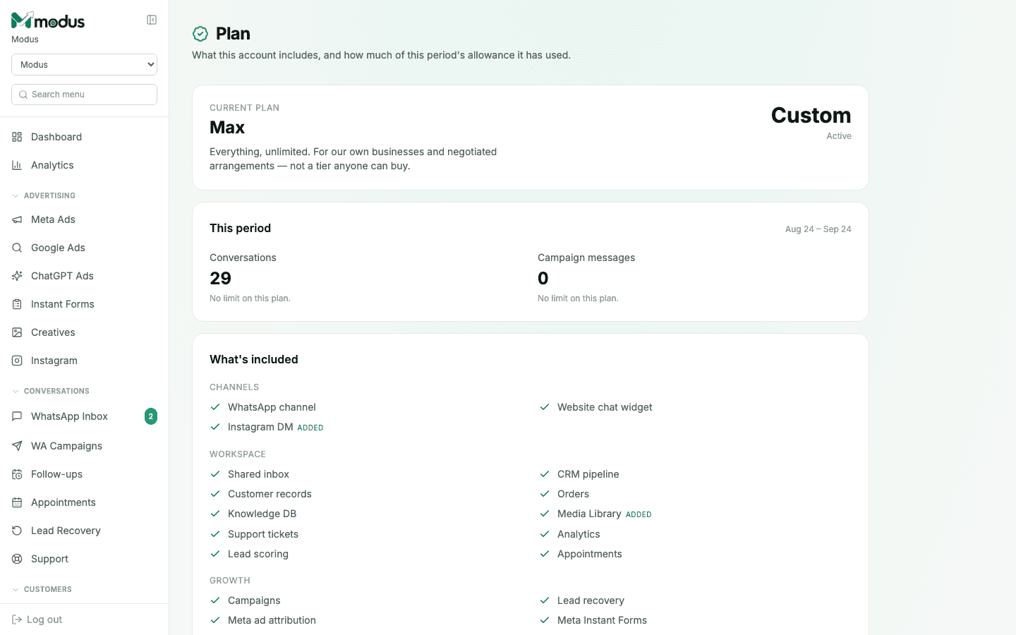 The Plan page in Modus showing the current plan, this period's usage, and what's included