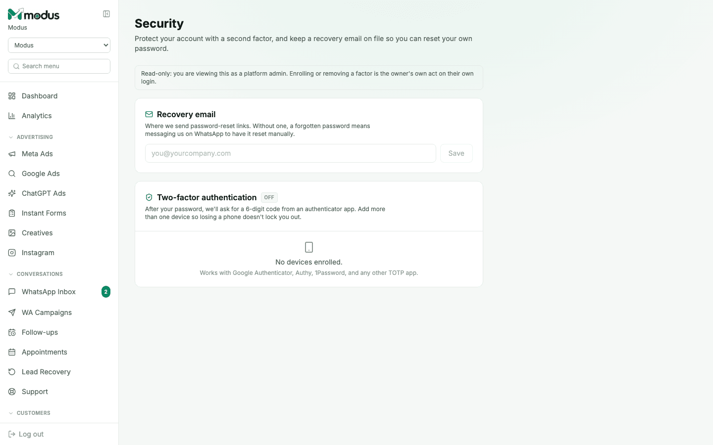 The Security page showing a recovery email field and a two-factor authentication panel with no devices enrolled