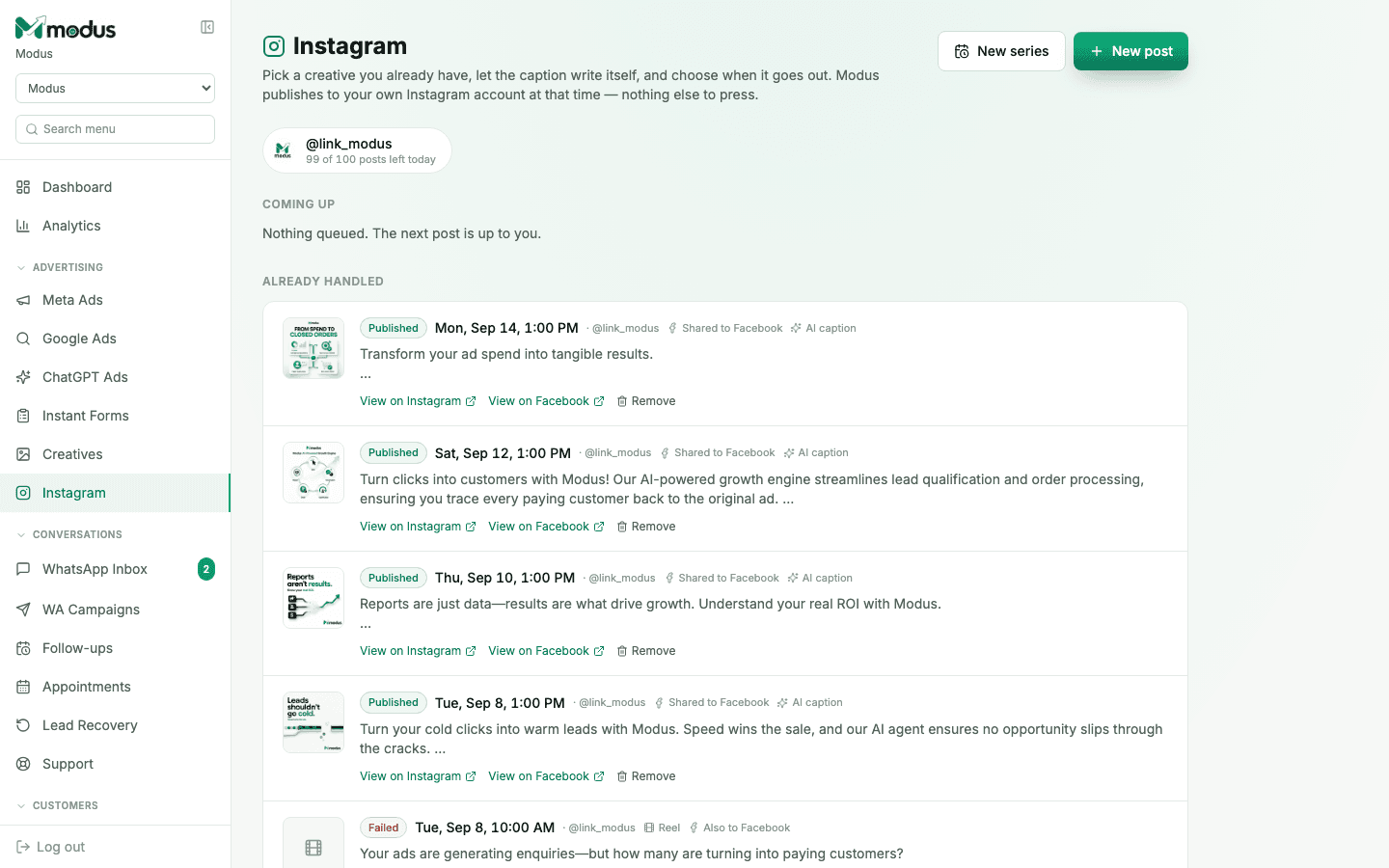 The Instagram composer in Modus showing scheduled and published posts with AI-written captions