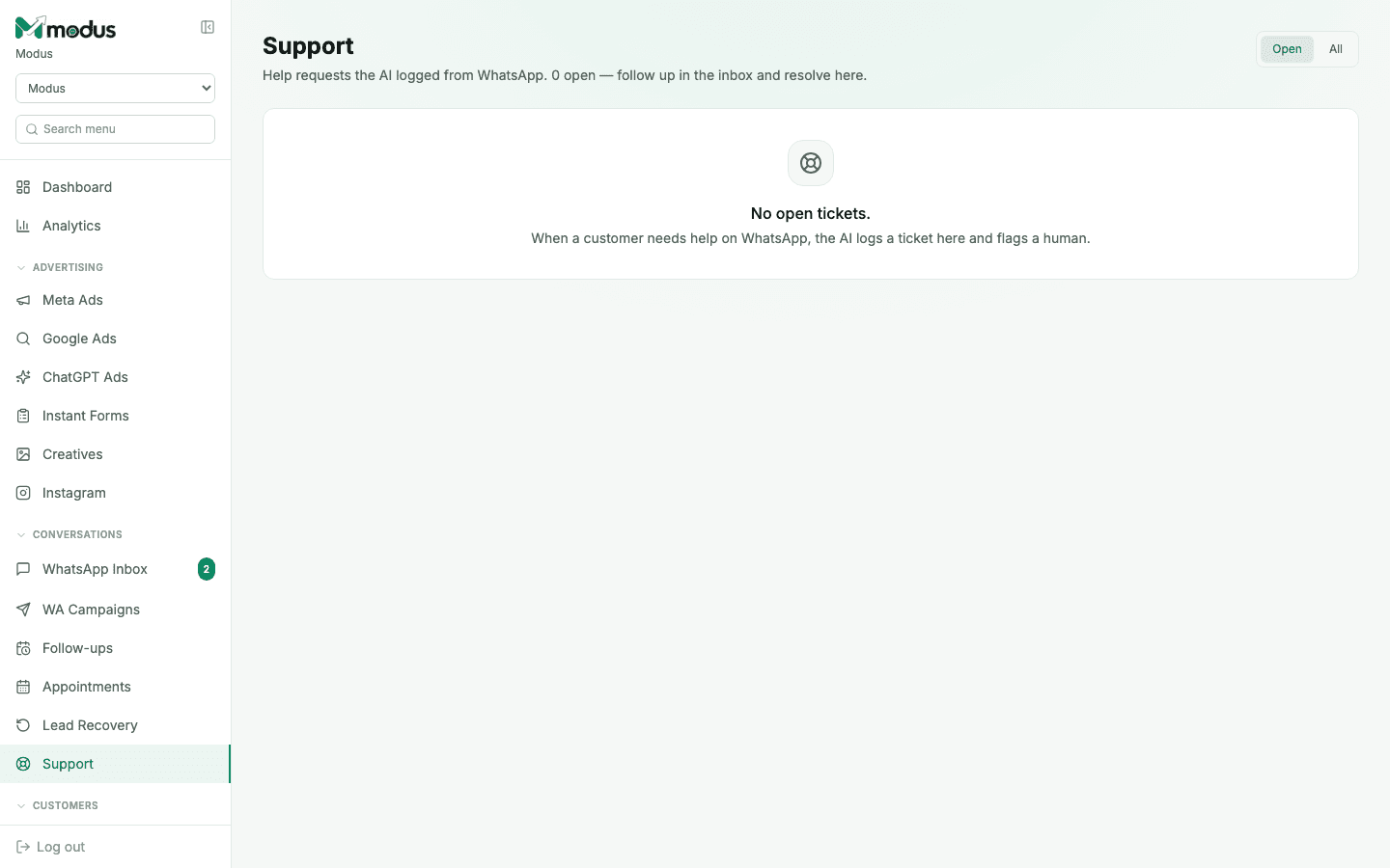 The Support page in Modus showing an empty ticket queue with an Open/All filter