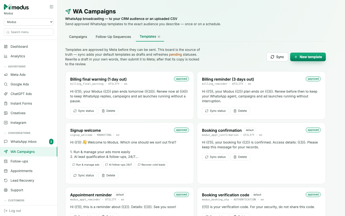 The Templates tab showing a grid of WhatsApp templates with their approval status