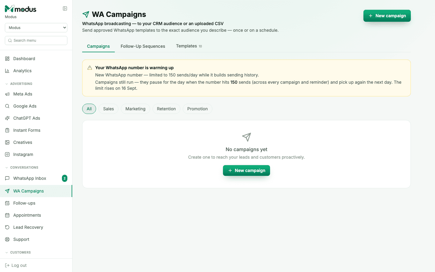 The WA Campaigns board in Modus, showing Campaigns, Follow-Up Sequences and Templates tabs