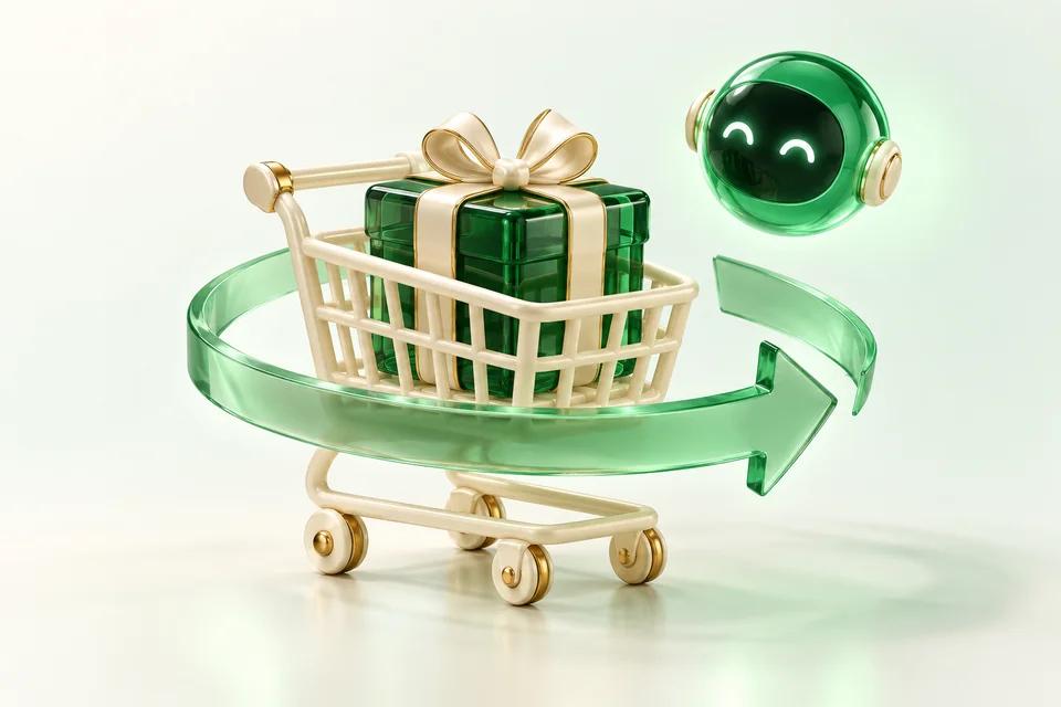 Shopping cart with a gift and a return arrow for cart recovery
