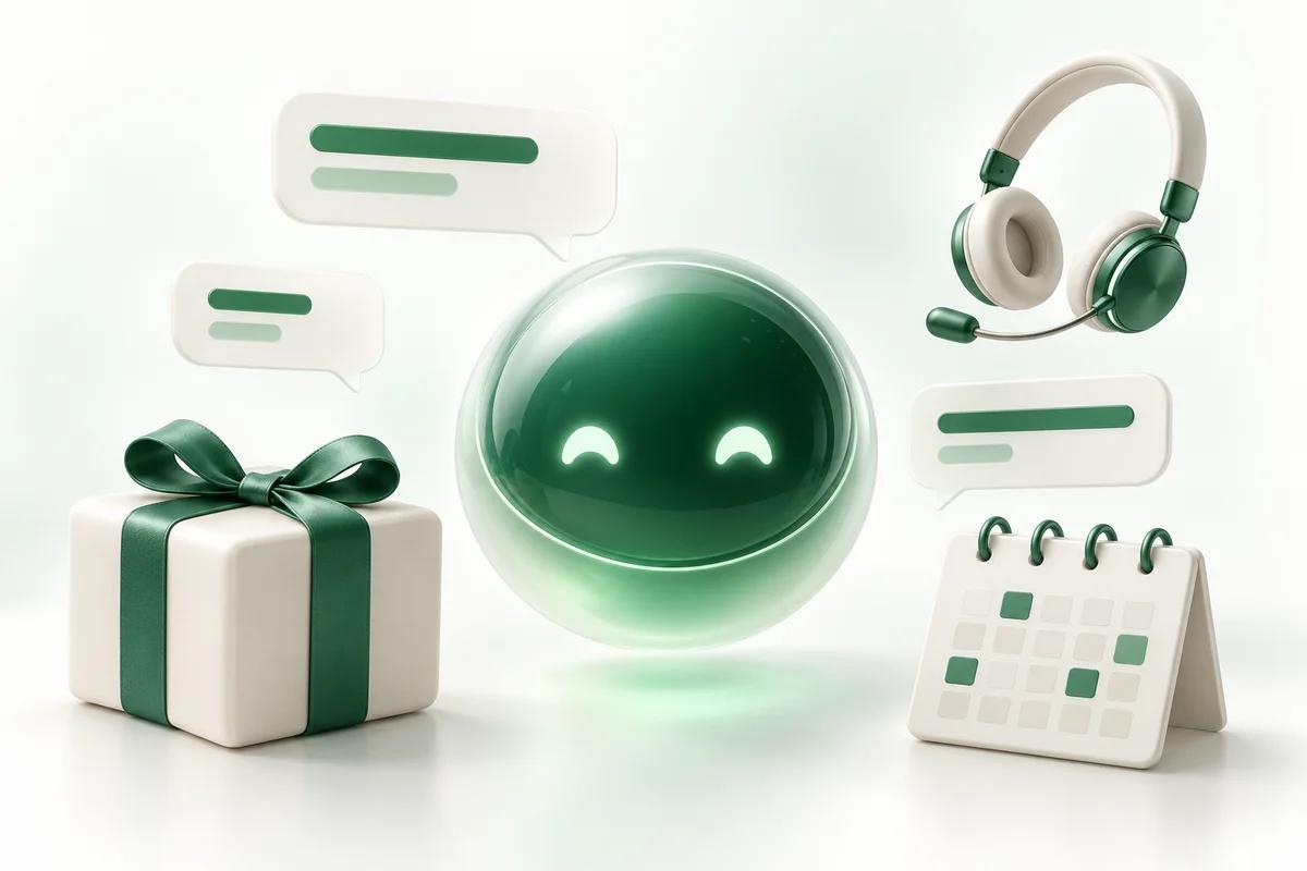 Emerald AI assistant surrounded by conversations, a gift box, a support headset and an appointment calendar
