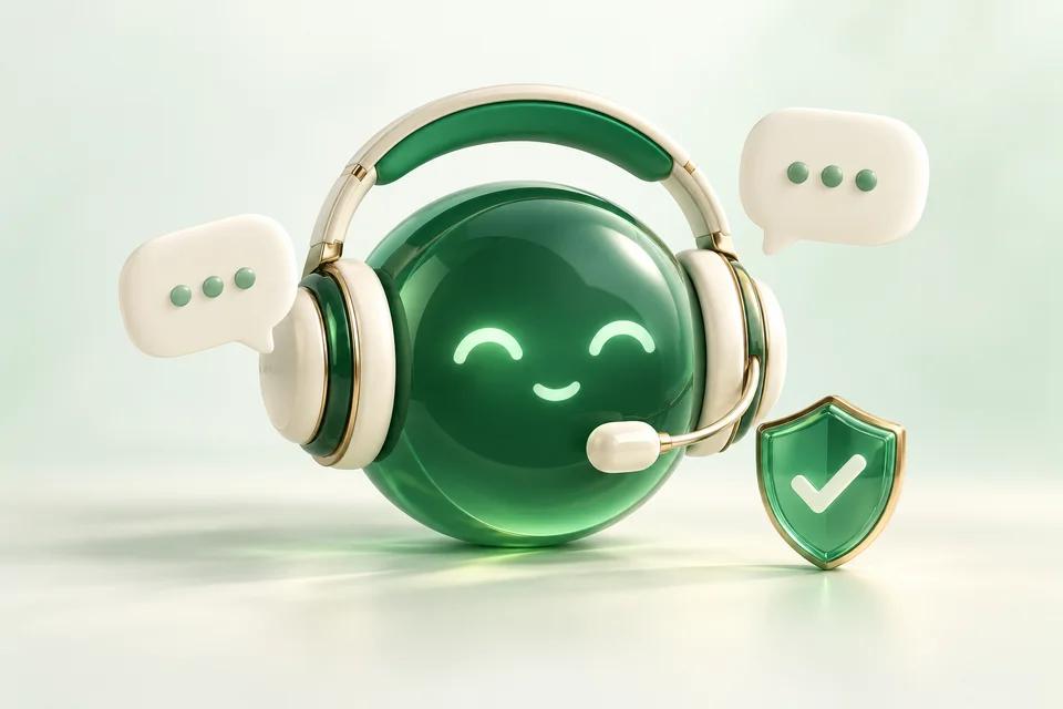 AI assistant with a support headset and reassuring check mark