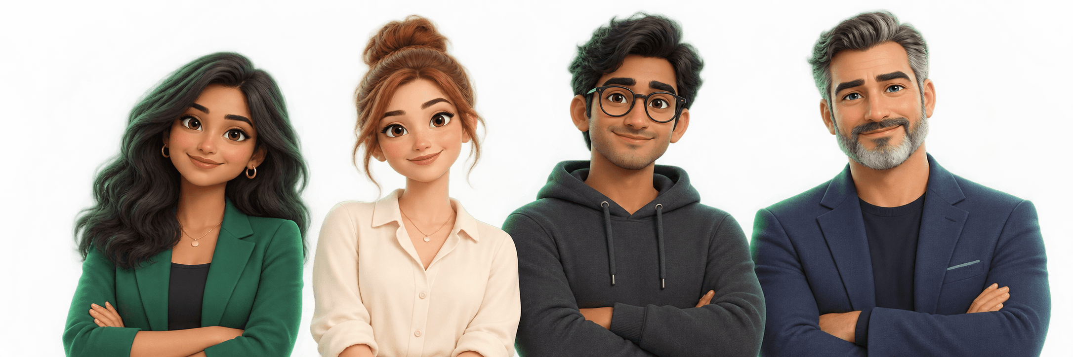 Illustrated portraits of Maya, Ava, Rio and Orion, the Modus growth team