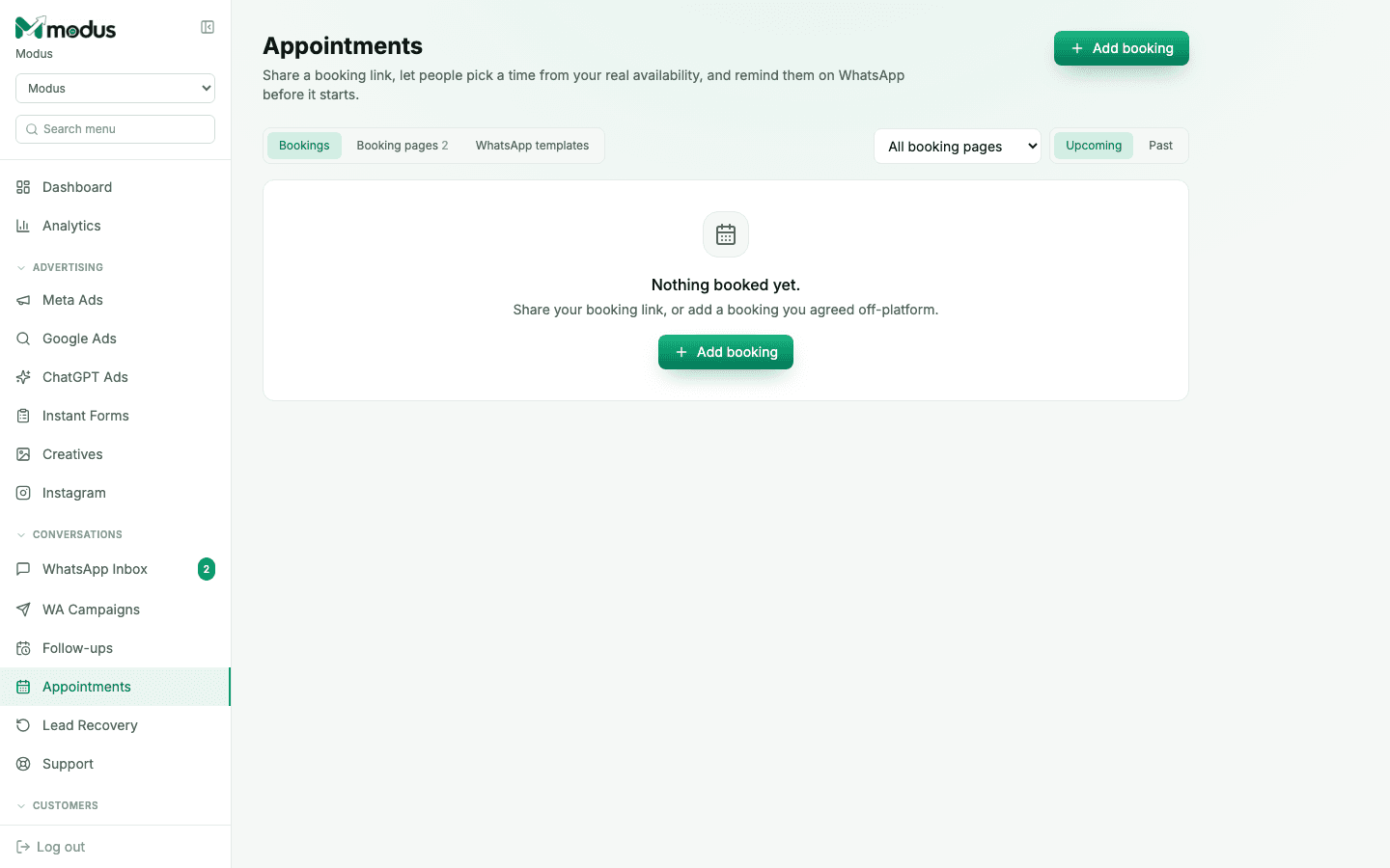 The Appointments page in Modus showing Bookings, Booking pages and WhatsApp templates tabs