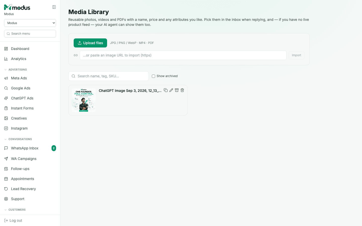 The Media Library page in Modus with an upload button, an import-by-URL field, and one item in the grid