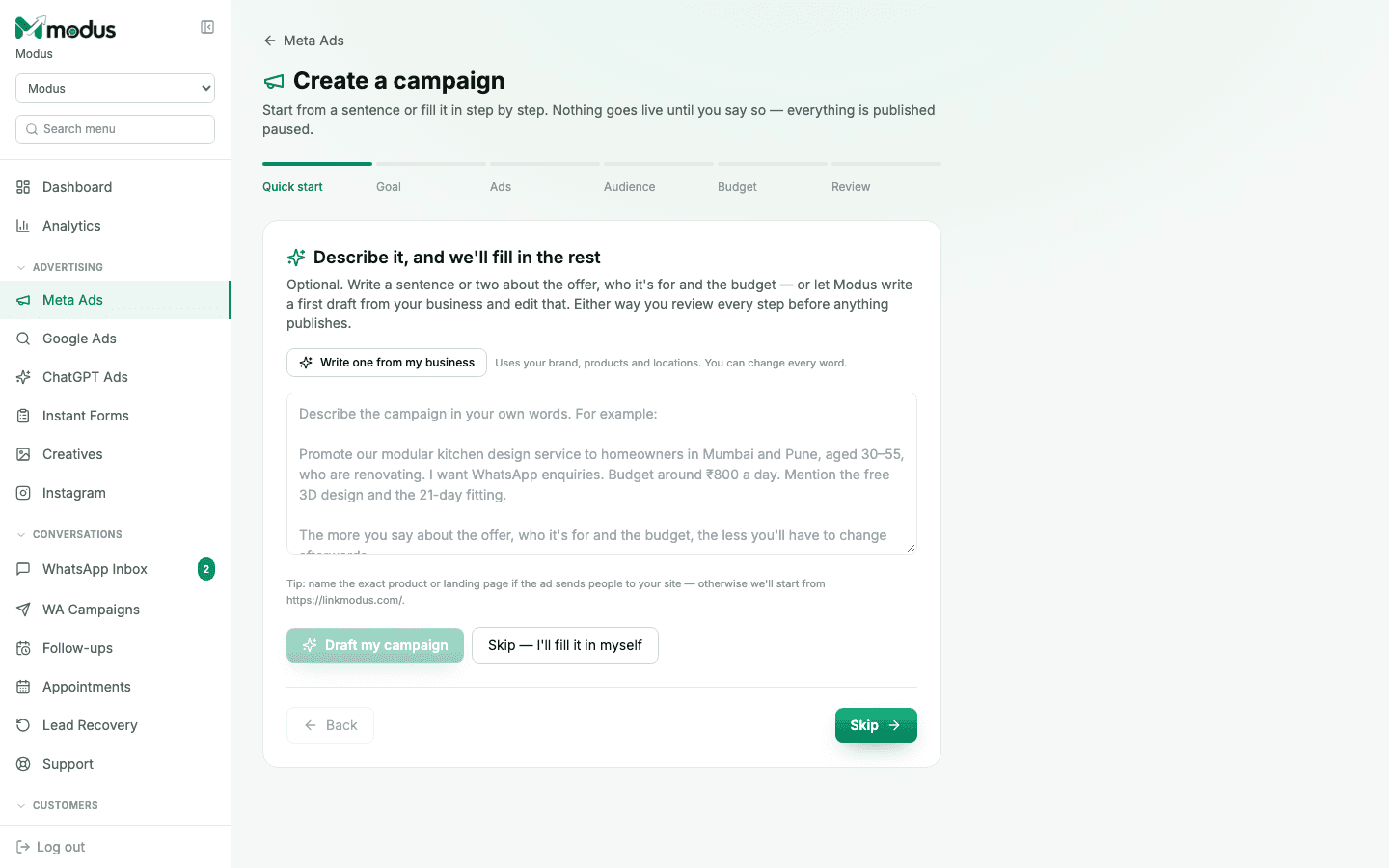 The "Create a campaign" wizard in Modus, showing the Quick start step